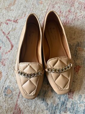 Call It Spring Tan Quilted Loafers with Silver Chain Detail